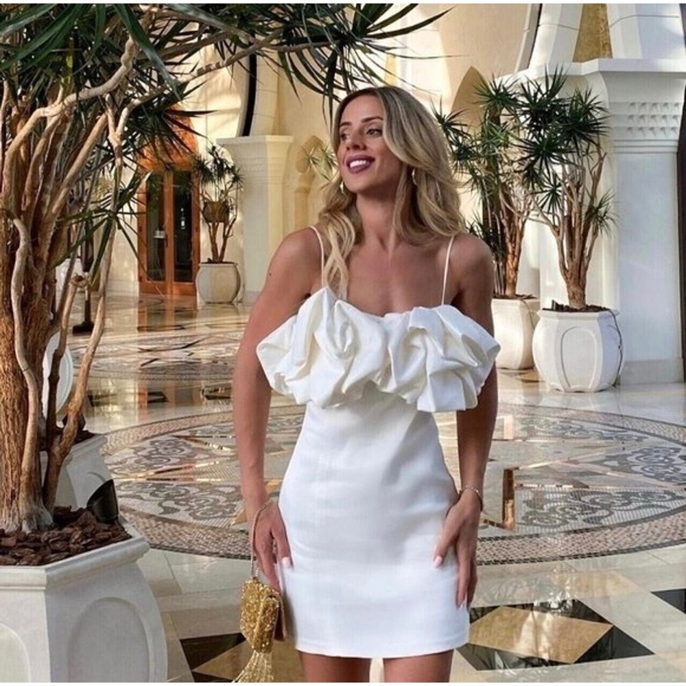 Zara White Ruffled Off The Shoulder Mini Dress Spaghetti Strap XS 4661/326 NEW